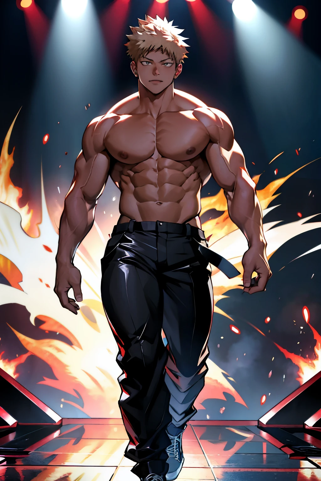 Katsuki Bakugo from Boku No Hero Academia, clutching his punchs, walking on a stage, wearing black pants, bodybuilder, with oiled skin, serious, handsome, big legs, defined body, topless, shirtless, abs