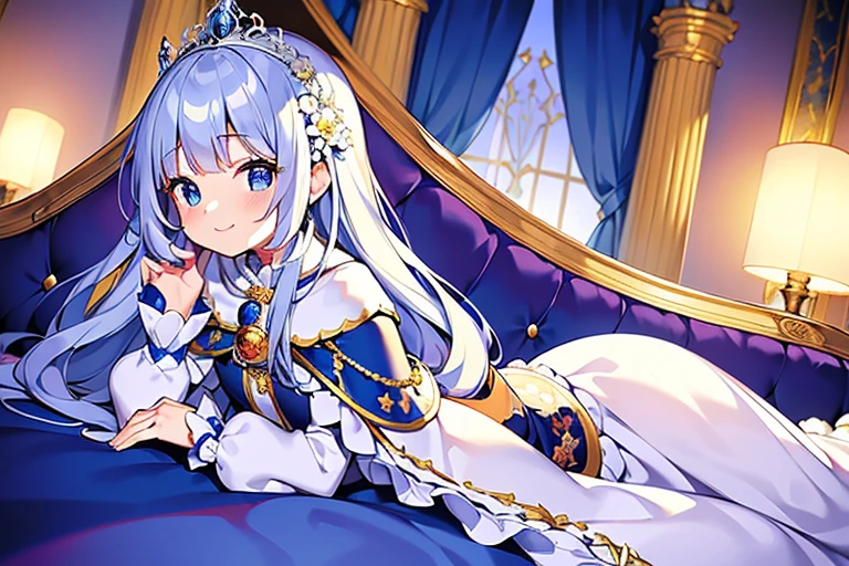 (kawaii),(masterpiece),(best quality),(ultra detailed), upper body, rococo style,(long train deep blue cape:1.1), very long cape,(long train white ball gown with flower decorations:1.05), a girl is wearing a cape over her gown, 1 little princess, tiara, smile, very long hair