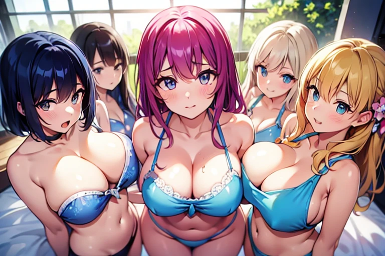 (Harem:1.2),4k, high resolution,uhd,4girls,quartet,squad,cowboyshot,pov,beautiful detailed eyes, detailed lips, long eyelashes, bright and vibrant colors, natural lighting,(best quality, highres), ultra-detailed, soft and smooth texture, no distractions, dreamlike sensation, slight bokeh effect,highlighting her figure,deformed and independented breasts,side by side,Different posing,surrounded by girls,(small breasts:0.5),Attractive girls,longing,(public facility:1.3),pajama party,on small bed,young,camisole,Skin Gloss,oily skin,Skin Highlights
