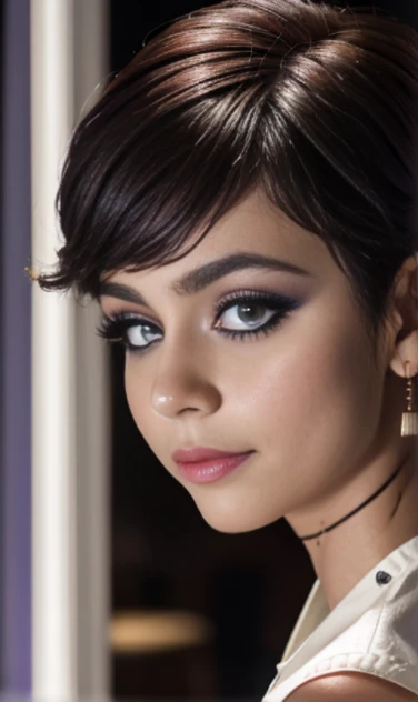 Photo of a 17-year-old European girl., .CRUDO, modelo adolescente hermosa,pecas en mejillas y pecho ,hermosos ojos azules(Light Brown Hair Pixie Haircut),corte de cabello pixie desalineado ((retrato)), ((Cara detallada:1.2)), ((rasgos faciales detallados)), (Piel finamente detallada) ,lindo maquillaje, purple eye shadows on the eyelids. ,un sexy(color fresco), (mesa) (proporciones perfectaotos realistas)(La mejor calidad), nffsw, (8K) (papel tapiz) (cinematic lighting) (dramatic lighting) (sharp focus) (Enrevesado) , fondo variado , linda sonrisa, foto de cuerpo completo , posando para foto , gargantilla negra , aretes de clip , maquillaje , labios rojos , sombra de ojos morada , viste vestido morado elegante , chica alegre