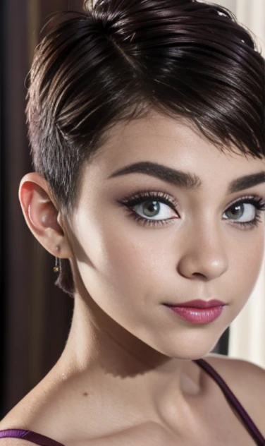 Photo of a 17-year-old European girl., .CRUDO, modelo adolescente hermosa,pecas en mejillas y pecho ,hermosos  ojos azules(Light Brown Hair Pixie Haircut),corte de cabello pixie desalineado ((retrato)), ((Cara detallada:1.2)), ((rasgos faciales detallados)), (Piel finamente detallada)  ,lindo maquillaje, purple eye shadows on the eyelids. ,un sexy(color fresco), (mesa) (proporciones perfectaotos realistas)(La mejor calidad), nffsw, (8K) (papel tapiz) (cinematic lighting) (dramatic lighting) (sharp focus) (Enrevesado) , fondo variado , linda sonrisa, foto de cuerpo completo , posando para foto , gargantilla negra , aretes de clip , maquillaje , labios rojos , sombra de ojos morada , viste vestido  morado elegante , chica alegre