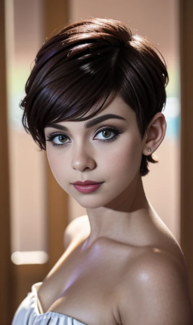 Photo of a 17-year-old European girl., .CRUDO, modelo adolescente hermosa,pecas en mejillas y pecho ,hermosos  ojos azules(Light Brown Hair Pixie Haircut),corte de cabello pixie desalineado ((retrato)), ((Cara detallada:1.2)), ((rasgos faciales detallados)), (Piel finamente detallada)  ,lindo maquillaje, purple eye shadows on the eyelids. ,un sexy(color fresco), (mesa) (proporciones perfectaotos realistas)(La mejor calidad), nffsw, (8K) (papel tapiz) (cinematic lighting) (dramatic lighting) (sharp focus) (Enrevesado) , fondo variado , linda sonrisa, foto de cuerpo completo , posando para foto , gargantilla negra , aretes de clip , maquillaje , labios rojos , sombra de ojos morada , viste vestido  morado elegante , chica alegre