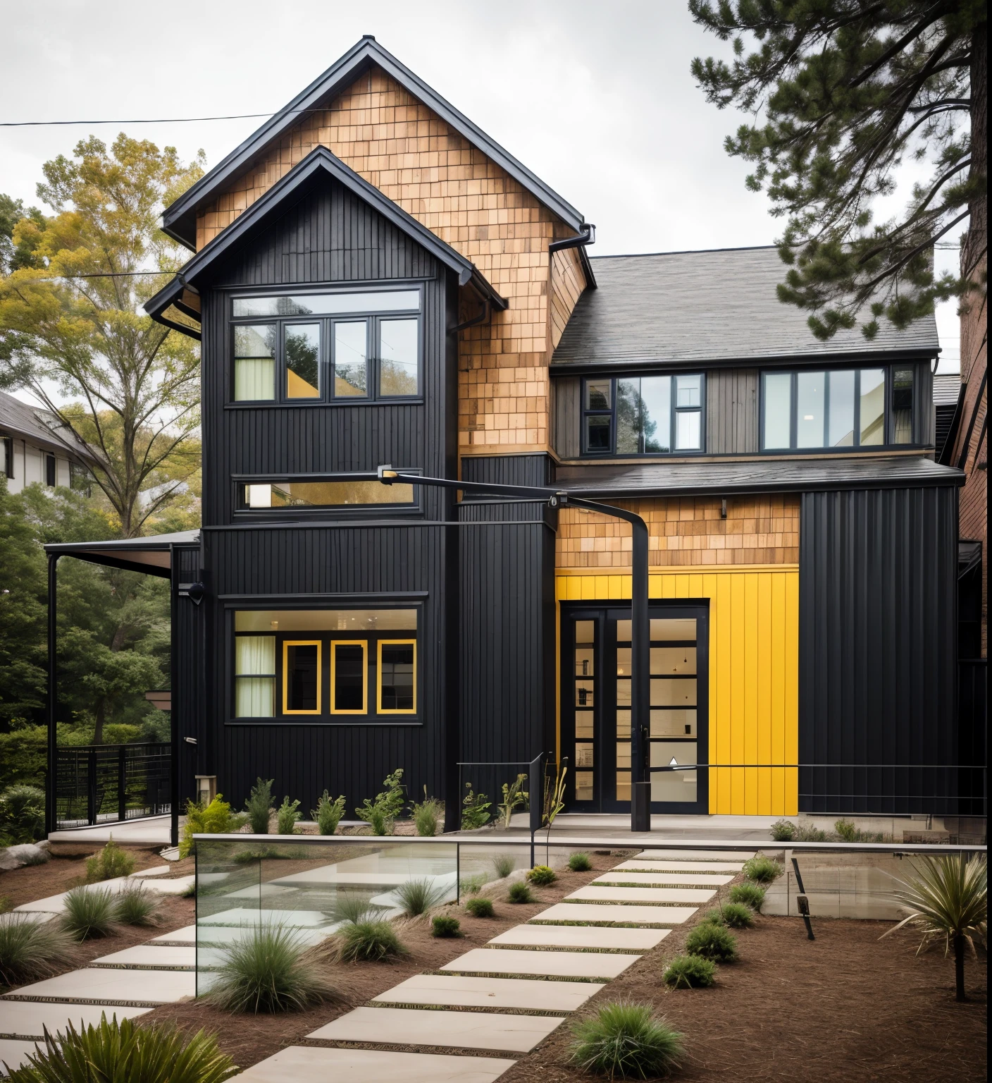 house exterior industry style, dark yellow and green color scheme, like an oldtime industry factory,raw materials, exposed structural elements, and simple, clean lines,rough-hewn steel, polished concrete, glass, and exposured brick,