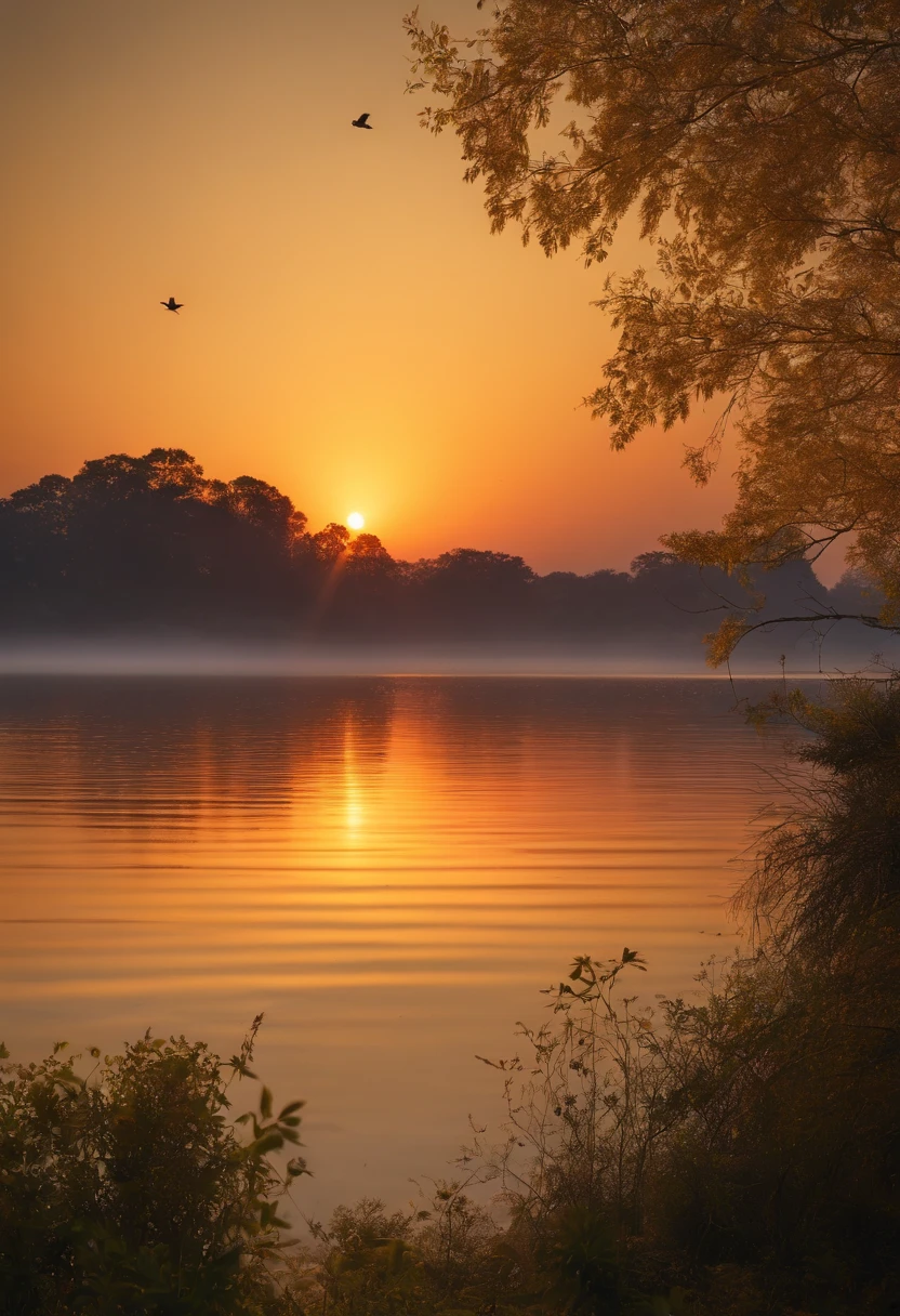 Quiet dawn scenery, The horizon where birds sing is expressed in soft gold tones, 2560 x 1440 pixel format image