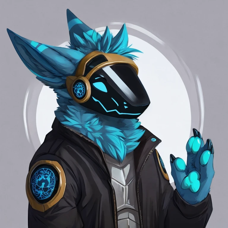 Protogan, stout, male, alone, a little fat, calm, paw, short pointed hair, Serious expression, (neutral face), Black and blue fur, Black parka, blue goggles, (Wearing goggles on forehead)