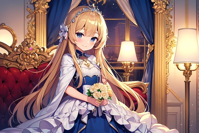 (kawaii),(masterpiece),(best quality),(ultra detailed), upper body, rococo style,(long train deep blue cape:1.1), very long cape,(long train white ball gown with flower decorations:1.05), a girl is wearing a cape over her gown, 1  princess, tiara, smile, very long hair