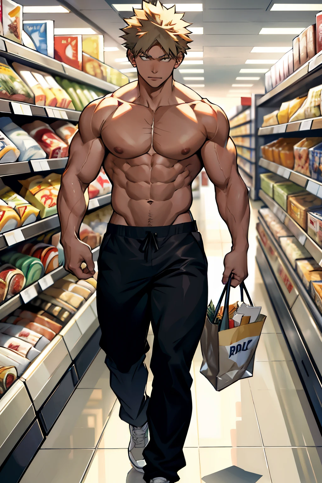Katsuki Bakugo from Boku No Hero Academia, clutching his punchs, walking in the supermarket, wearing black pants, bodybuilder, with oiled skin, serious, handsome, big legs, defined body, topless, shirtless, abs
