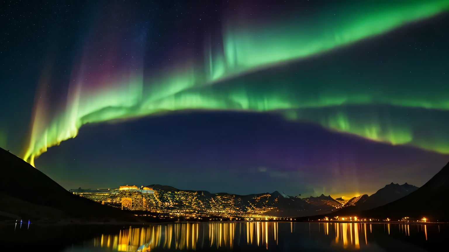 On a starry night, a lake stretches across the front three-sevenths of the angle of view, with a low mountain stretching horizontally behind it, the orange glow of city streetlights lining the far shore, the sky in the back three-sevenths of the angle of view, where a bright aurora borealis spreads all around, the lake reflecting the light from the streetlights and the aurora, the mountain in dark shadow. The mountains are dark and in shadow. Aurora Borealis shining in the sky, high quality animation, gradient color aurora borealis, twinkling starry sky, fantastic scenery, healing effect, masterpiece, reflection of light on the lake, fantasy world.
