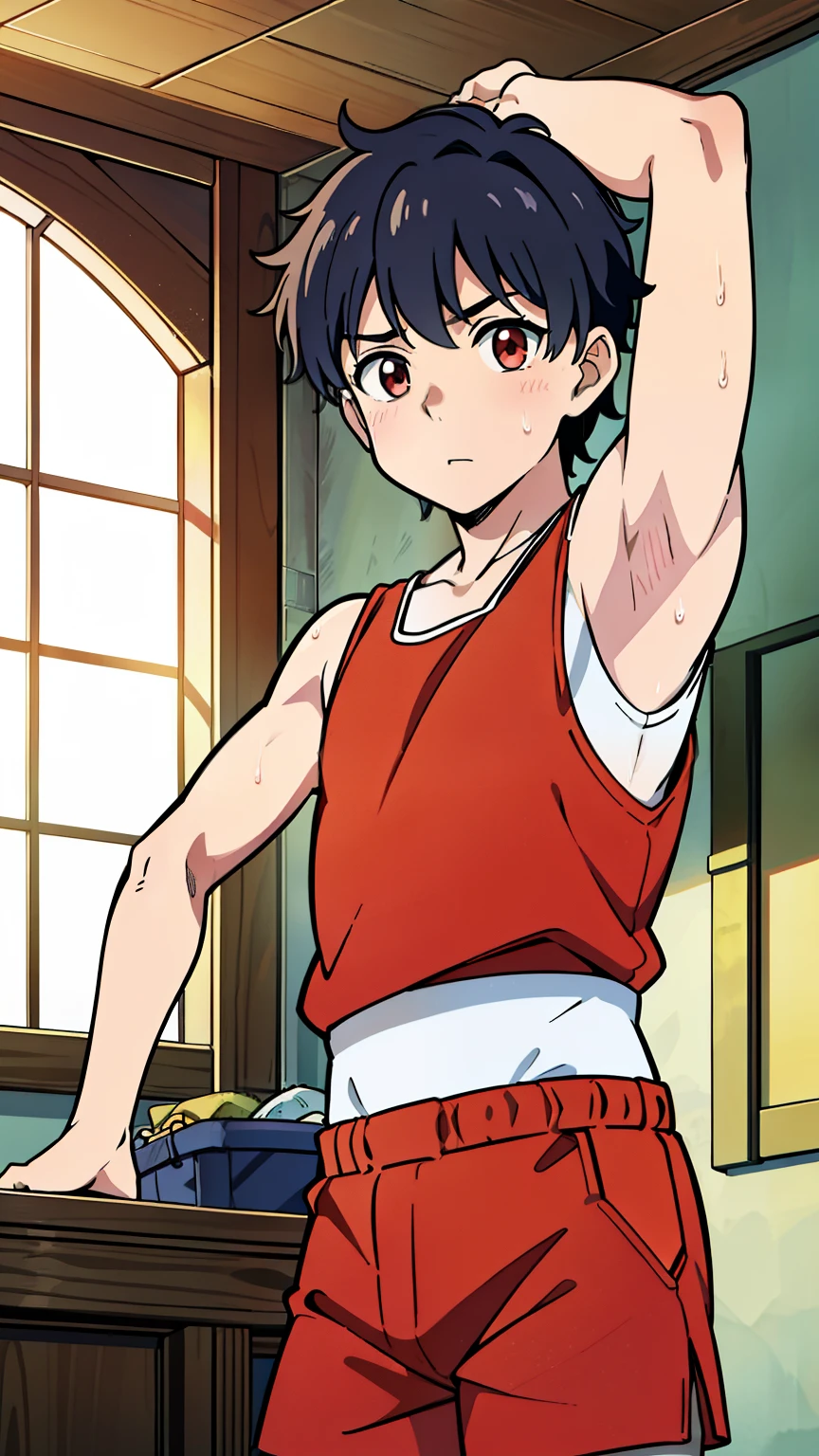 highres,Masterpiece， Best quality at best,Best Quality,hight quality, hight detailed, realistic, photorealistic, Anime style, 1boy, Little Boy, indoor, Cheerful boy, basket uniform,Tank Tops, Shorts, Red uniform, (Show his armpit, Smooth armpit), boy focus, Little sweat