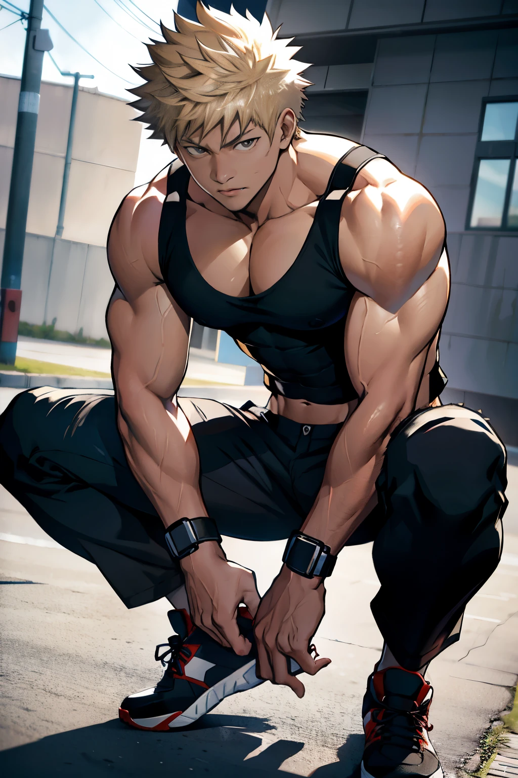 Jean Kirschstein from Attack on Titan is sitting and flexing his biceps in black boxershorts