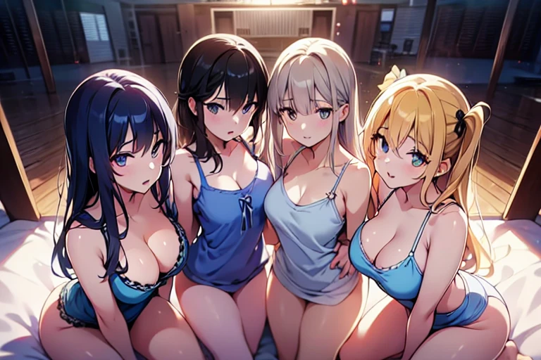 (Harem:1.2),4k, high resolution,uhd,4girls,quartet,squad,cowboyshot,pov,beautiful detailed eyes, detailed lips, long eyelashes, bright and vibrant colors, natural lighting,(best quality, highres), ultra-detailed, soft and smooth texture, no distractions, dreamlike sensation, slight bokeh effect,highlighting her figure,deformed and independented breasts,side by side,Different posing,surrounded by girls,(small breasts:0.5),Attractive girls,longing,(public facility:1.3),pajama party,on small bed,young,camisole,Skin Gloss,oily skin,Skin Highlights