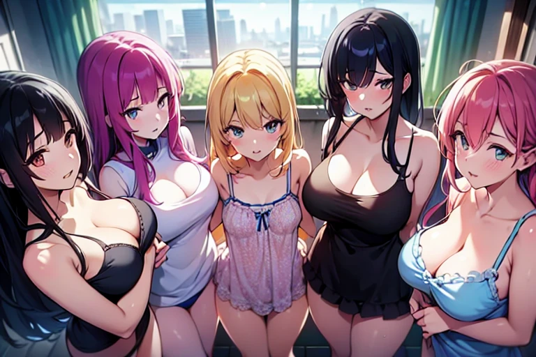 (Harem:1.2),4k, high resolution,uhd,4girls,quartet,squad,cowboyshot,pov,beautiful detailed eyes, detailed lips, long eyelashes, bright and vibrant colors, natural lighting,(best quality, highres), ultra-detailed, soft and smooth texture, no distractions, dreamlike sensation, slight bokeh effect,highlighting her figure,deformed and independented breasts,side by side,Different posing,surrounded by girls,(small breasts:0.5),Attractive girls,longing,(public facility:1.3),pajama party,on small bed,young,camisole,Skin Gloss,oily skin,Skin Highlights