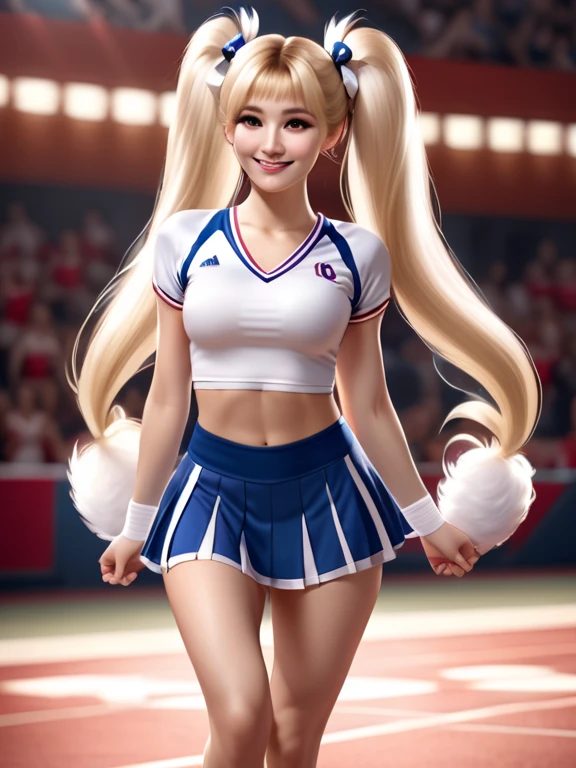 cinematic film still woman, realistic, solo, ((mega twintails)), very long hair, blonde, cheerleader, ((short skirt 0.6)), white panties, white shoes, no-show socks, big smile, ((big hair)), cheer pose, full body, shallow depth of field, highly detailed, high budget, cinemascope, epic, gorgeous