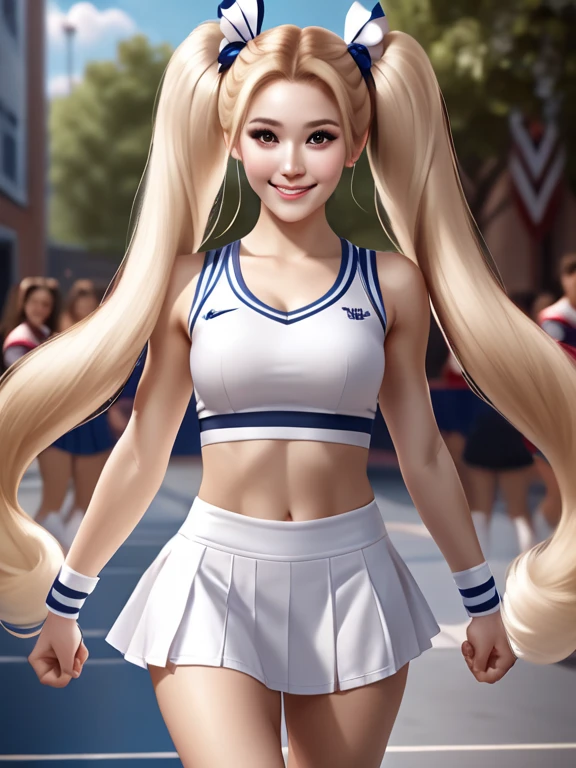 cinematic film still woman, realistic, solo, ((mega twintails)), very long hair, blonde, cheerleader, ((short skirt 0.6)), white panties, white shoes, no-show socks, big smile, ((big hair)), cheer pose, full body, shallow depth of field, highly detailed, high budget, cinemascope, epic, gorgeous