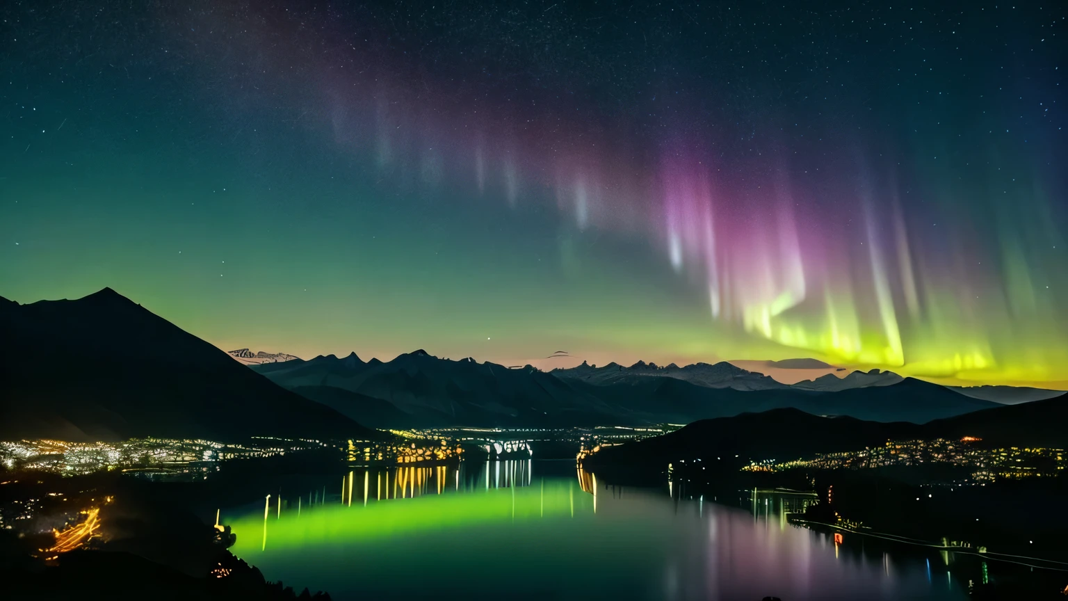 On a starry night, a lake stretches across the front three-sevenths of the angle of view, with a low mountain stretching horizontally behind it, the orange glow of city streetlights lining the far shore, the sky in the back three-sevenths of the angle of view, where a bright aurora borealis spreads all around, the lake reflecting the light from the streetlights and the aurora, the mountain in dark shadow. The mountains are dark and in shadow. Aurora Borealis shining in the sky, high quality animation, gradient color Aurora Borealis, twinkling starry sky, fantastic scenery, healing effect, masterpiece, lights of street lamps and Aurora Borealis reflected on the lake, a world of fantasy.