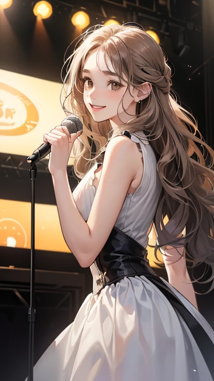 (table top, digital illustration, 4k, 8k, Super detailed, beautiful images, clear image, perfect face, perfect lines, perfect eyes, soft lighting) 1 female, (Singing a song, on stage, gray long wavy hair, innocent look, look at viewer, side view,Over-the-shoulder ,droopy eyes, brown eyes, innocence, cute, smile gently,27 years old:1.3), full of light,(embarrassing, shy smile:1.2), sleeveless black knit, Piercing, bad finger