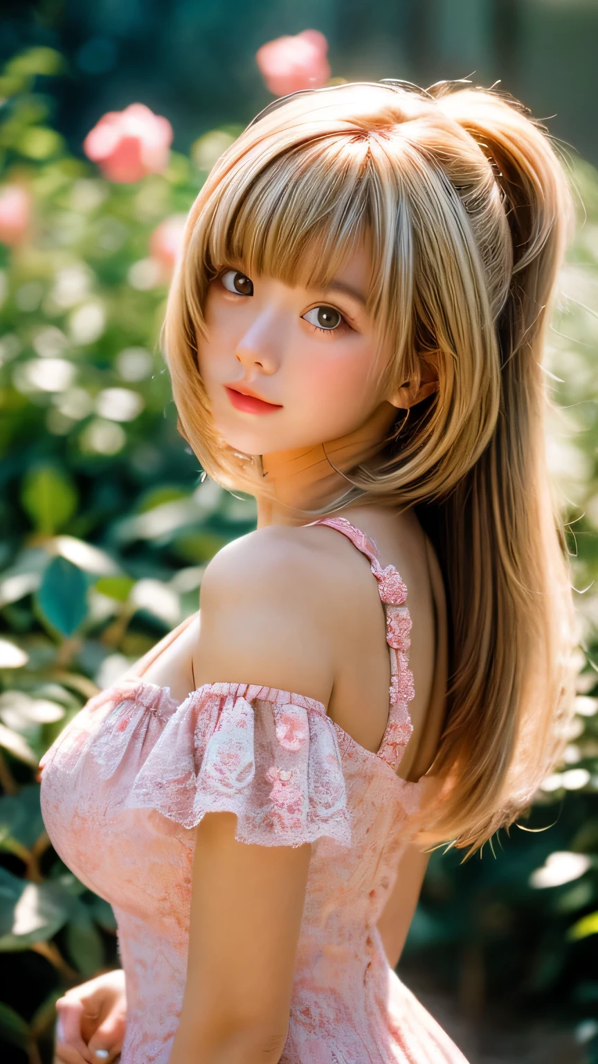 8k, RAW photo, Fujifilm, analog style photo of a beautiful young woman as avril with (huge breasts) in a light pink rose garden (highly detailed skin:1.2) Style-Petal BREAK
, blonde hair with color streaks, blunt bangs, wearing a dress, film grain, 35mm, cute-style, cowboy shot, closeup, arms up