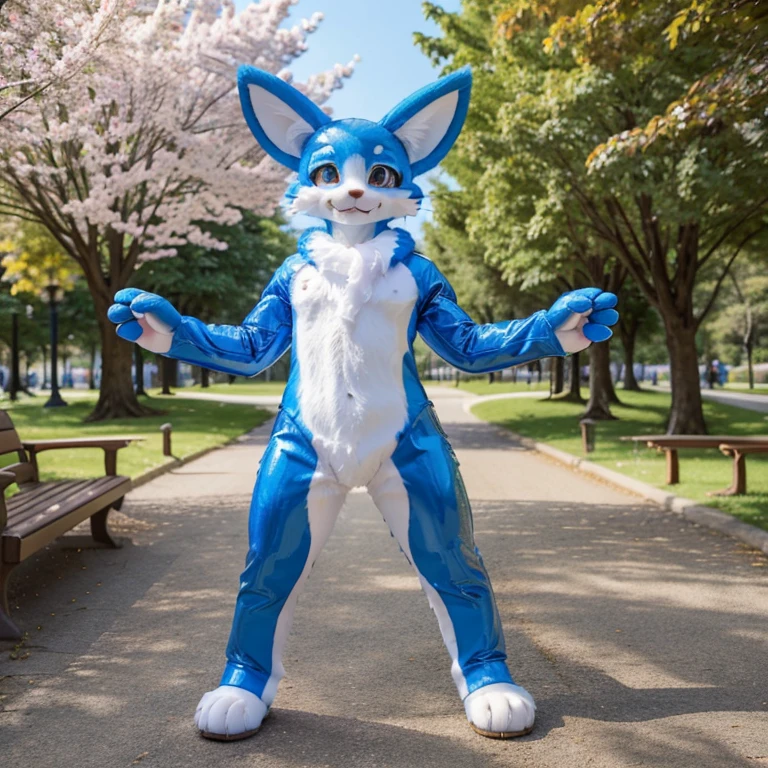 (ultra detailed), a beautiful and detailed full body photo of a very realistic kawaii Omaneko fursuit. The omaneko fursuit is made of glossy latex that gives it a shiny appearance, perfectly complementing the adorable smile on its face. The photo is taken outdoors by a park, where the cute Omaneko strikes a pose that captures its playful and joyful nature. The fursuit has large limbs, which are intricately crafted with an incredible attention to detail.