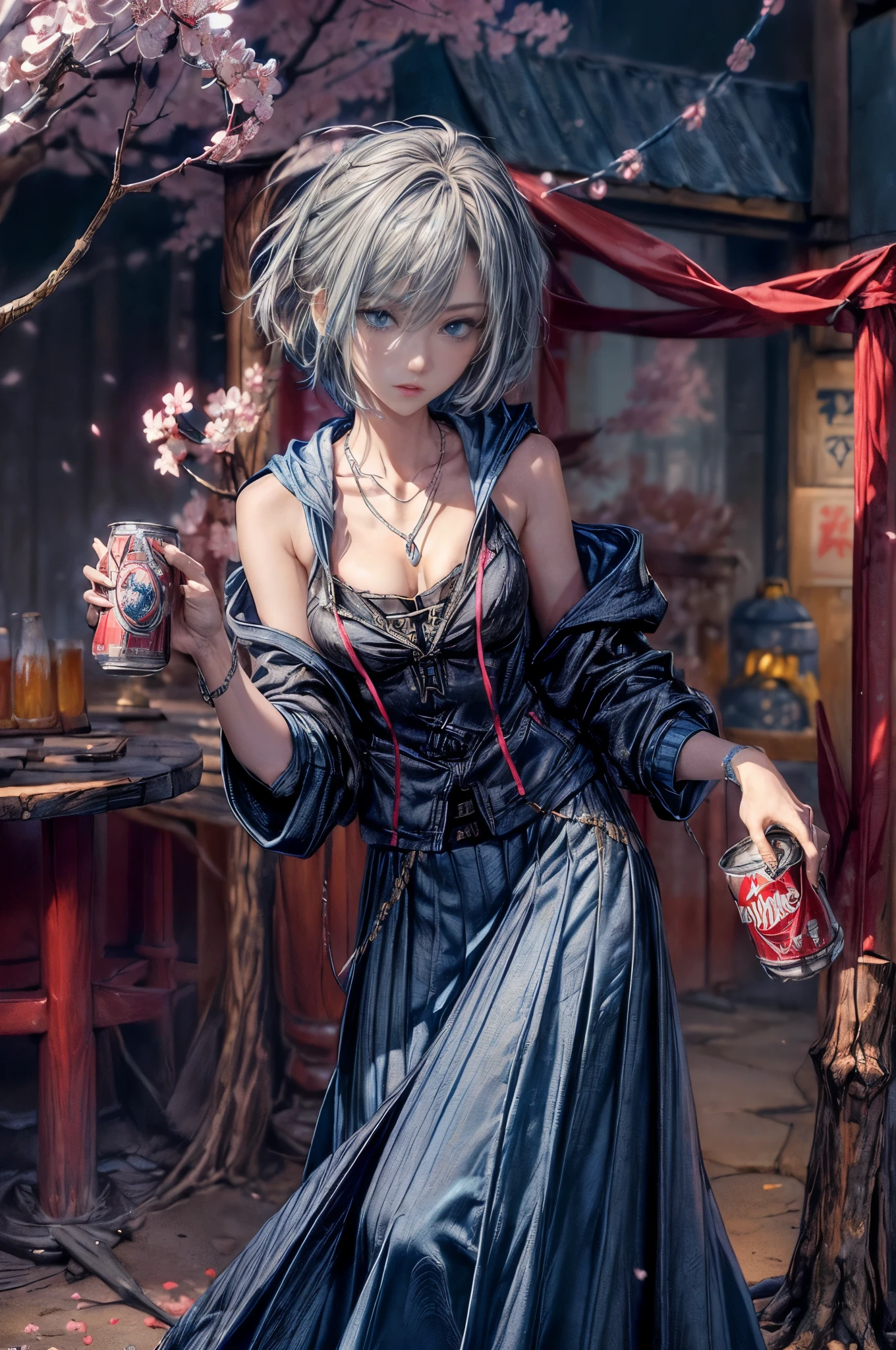 cinematic lighting、highest quality,Bright cyberpunk world、1 female、(25 year old beautiful woman、detailed beautiful facial 、short hair、shoulder length hair、blue eyes:1.4)break,medium hair、(vivid Shiny gray hair color:1.6)
break
(Grey Punk Rock style long skirt:1.3),BREAK (An edgy blue-collar hoodie、necklace:1.3)、break.
(明るいeveningに広い公園でCherry blossom viewingをする:1.2)(Holding a can of beer in your hand、very detailed and accurate hands:1.2)(evening、Cherry tree、Cherry blossom viewing:1.2)(portrait angle)