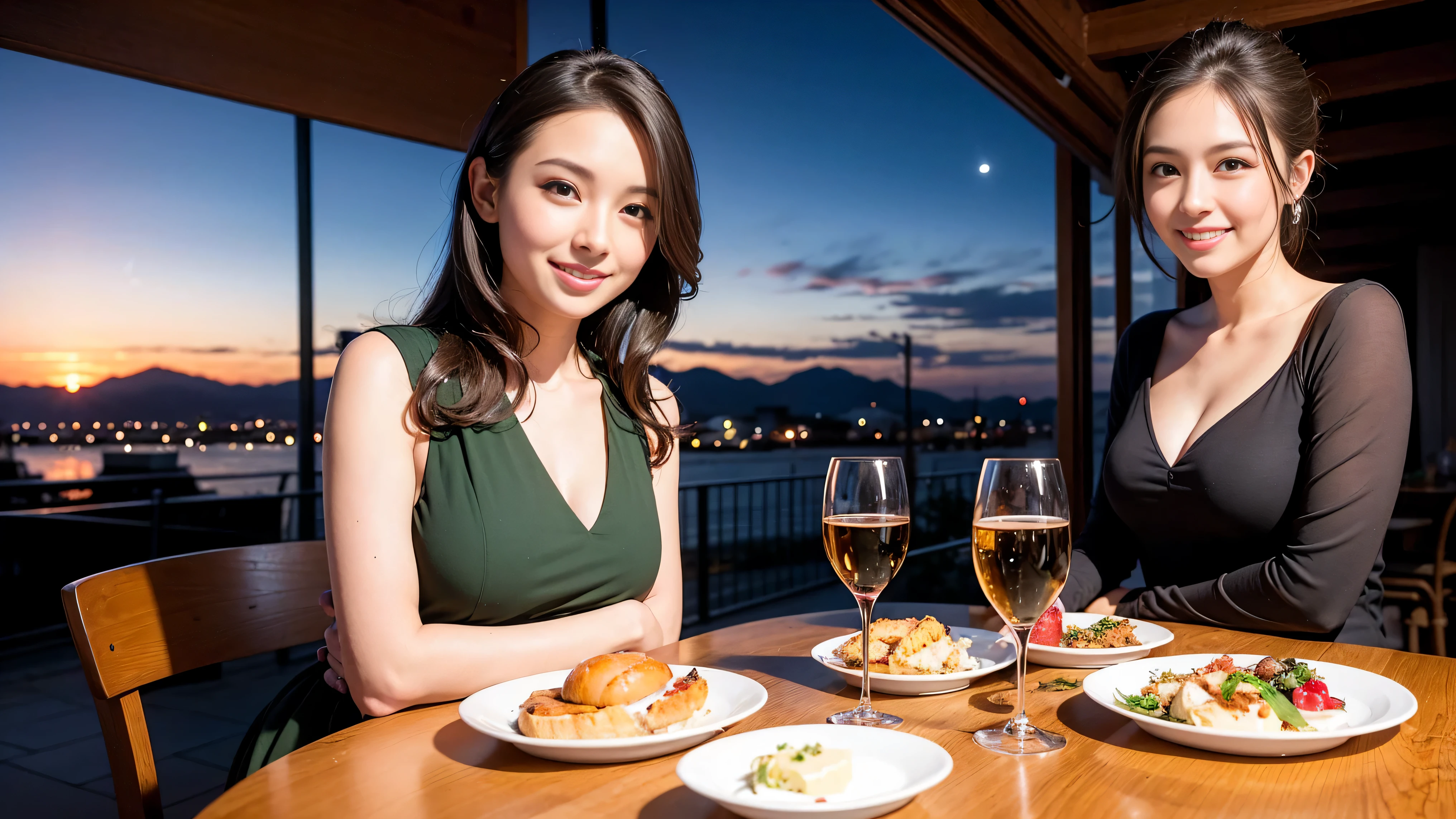 (K UHD, nffsw, top quality, table top: 1.2), (realistic, realistic: 1.37), Spectacular view of the sunset sky and clouds、Amazing mountain views、A bright smile、A lovely woman with a smile、The woman's face is bright、fox face、lady、Wine Party、hors d'oeuvre、2 beauties、brown hair、shortcut、long sleeve shirt、winter fashion、dress、Japanese、Englishman、Dutch、German、Belgian、Italian、French,wine bottle、hors d'oeuvre、Champagne、sparkling wine、Pretty Woman 1, (slim face), (Because I'm slender), (brown hair), (shortcut), cheeks turn a little red, (40 years old), 38 years old, attractive beauty、, A beautiful and detailed night view spreads out outside the window.........., restaurant, sitting in a wine glass, At night, in a prominent place (from the waist up) nova frog style, actress, model, Upper body, White wine, slim, wine glass, very beautiful night view, wine glass placed in the middle, Smile, (smile: 1.15), beautiful small eyes,
