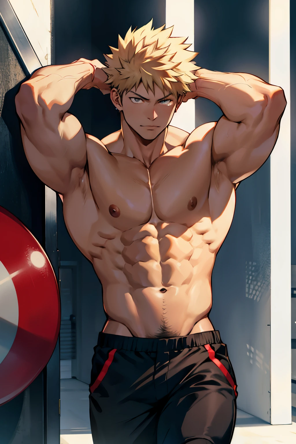 Katsuki Bakugo from Boku No Hero Academia, walking, wearing black pants, bodybuilder, with oiled skin, serious, handsome, big legs, defined body, topless, shirtless, abs