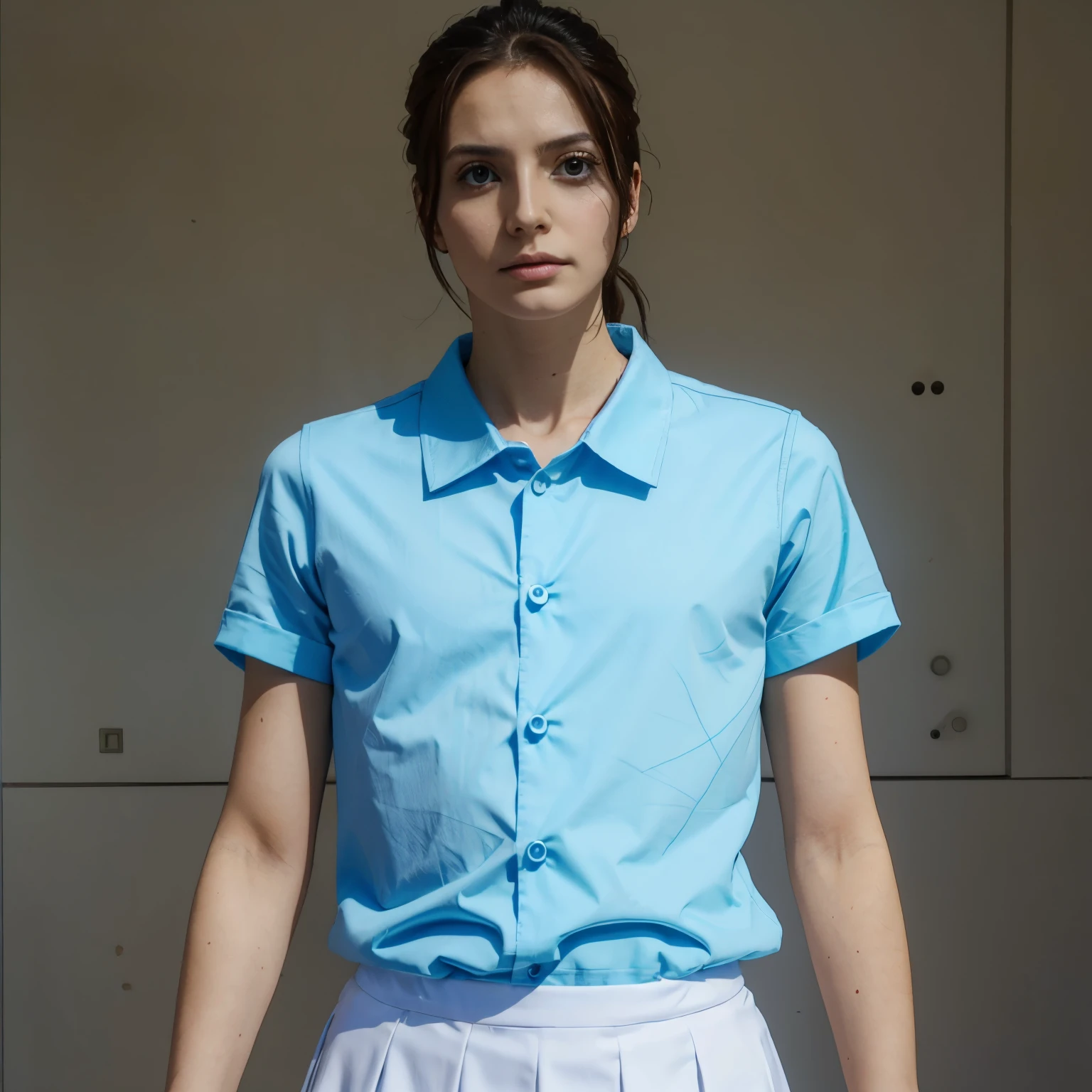 doctor with light blue shirt, white skirt, button eyes.