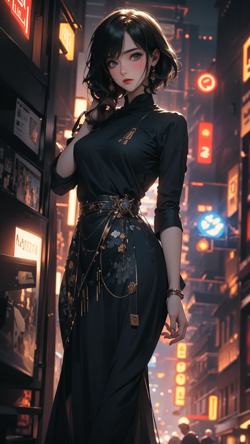 (Highly detailed CG unit 8k wallpaper, masterpiece, High resolution, highest quality), A cool NY fashion girl influenced by nostalgic and inorganic mode fashion., short hairstyles, detailed costume, Layered maxi skirt and crew neck pullover sweater combination:1.3, blurred background, An empty alley in New York:1.2, cobblestone road, hyper realistic, digital painting, concept art,