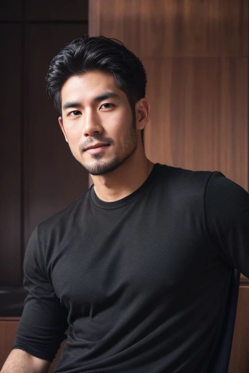 Portrait of a 30-year-old handsome Asian man with movie-like looks.、black shirt、Looking at the camera, Hispanic, cheerful, black hair, black shirt, dark black chair, realistically