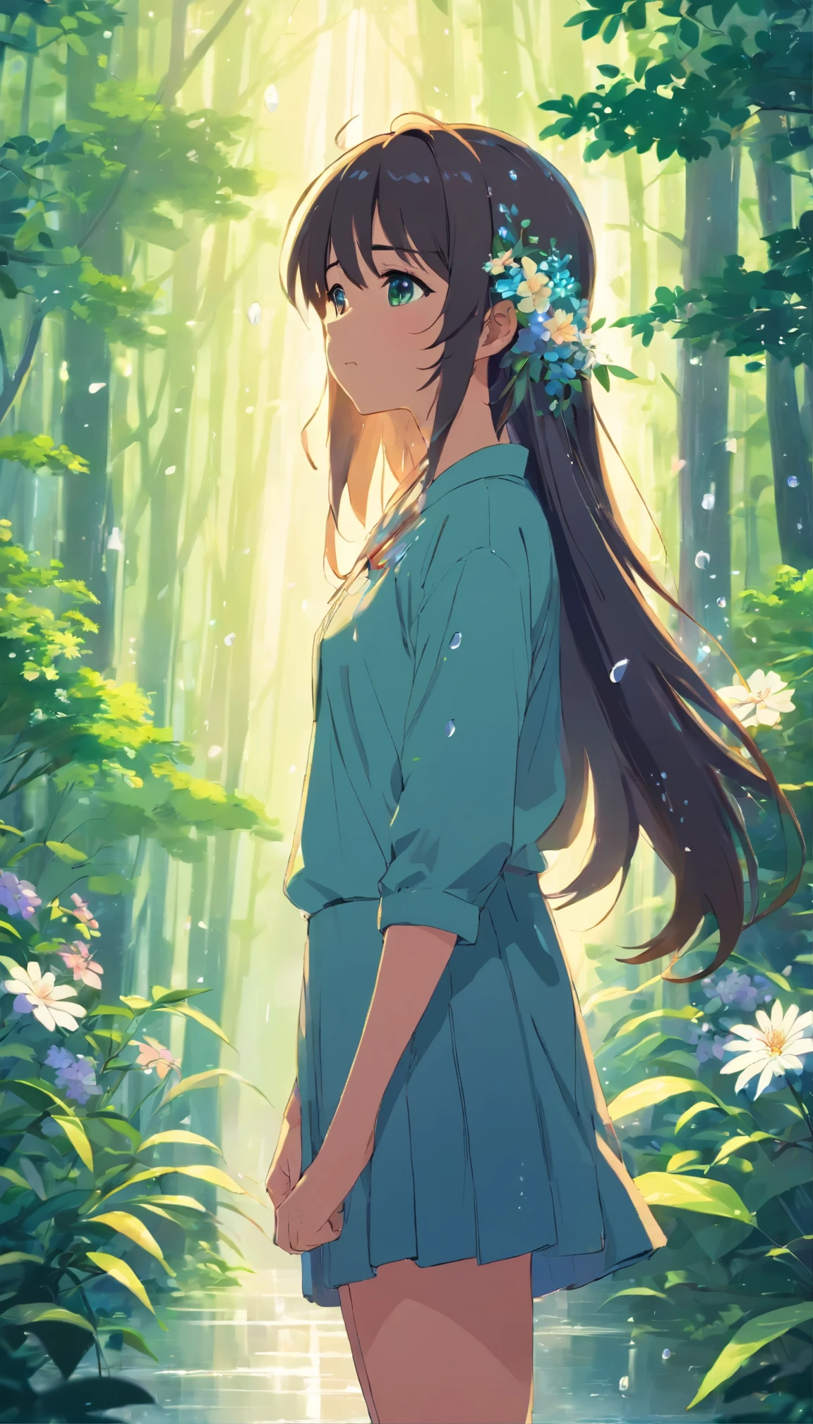 anime girl with long hair and flowers in her hair, beautiful anime artwork, rainy day,the woods,rain drops