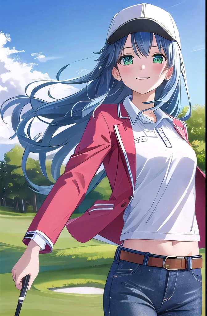 best quality, detailed, solo, looking at viewer, cap, 1girl, jeans, long hair, blue hair, smile, blush, green eyes, wind, wind blowing, belt, outdoors, golf, golf club, navel, sport jacket