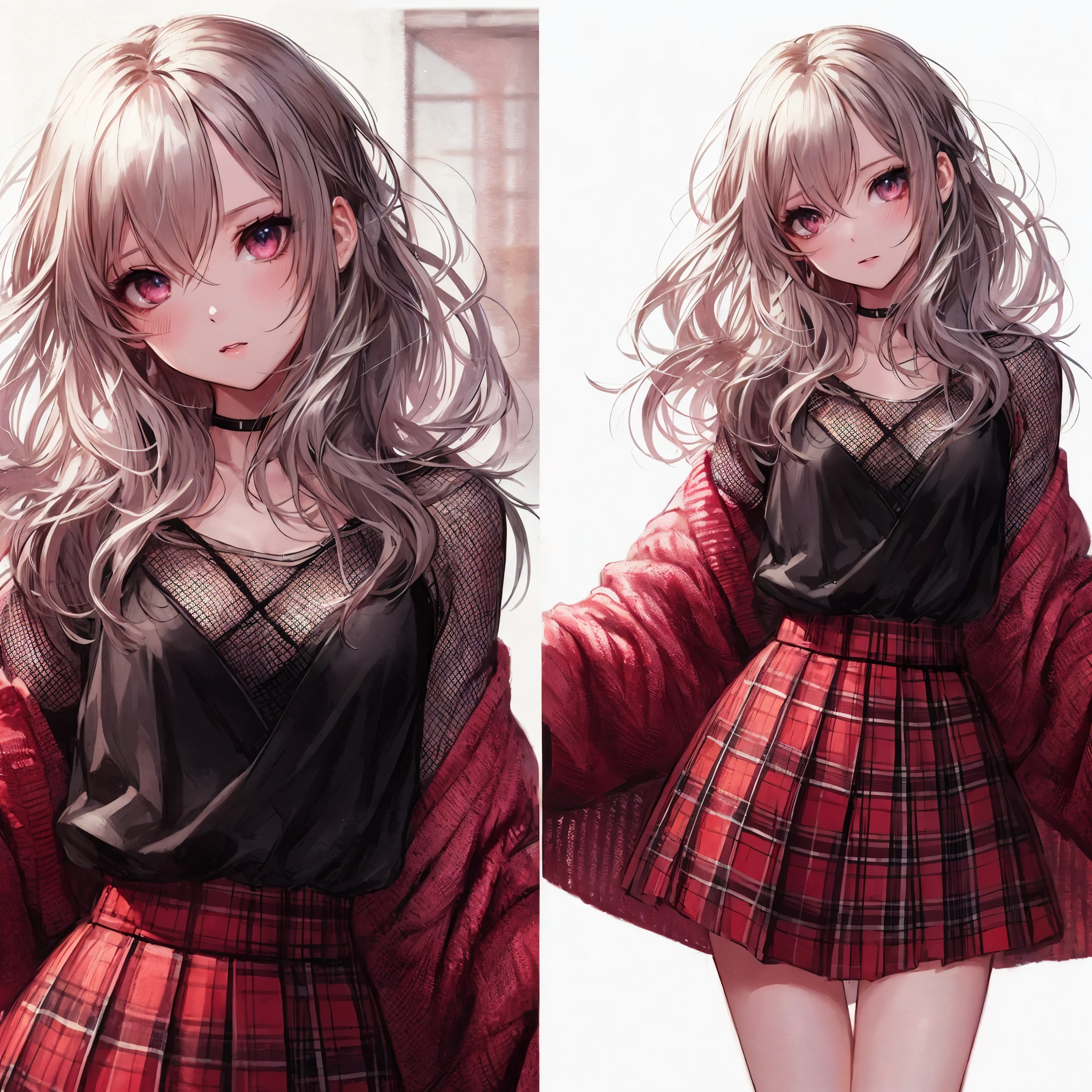 Long-haired anime girl in a checkered dress and red jacket, realistic anime art style, cute anime girl, anime moe art style, realistic anime art style, cute anime girl portrait, cute realistic portrait, girls front line style, Cute anime wife in a nice dress, cute anime girl portraits, anime style portrait, portrait anime girl, realistic young anime girl, Beautiful eyes drawn in detail, beautiful cleavage