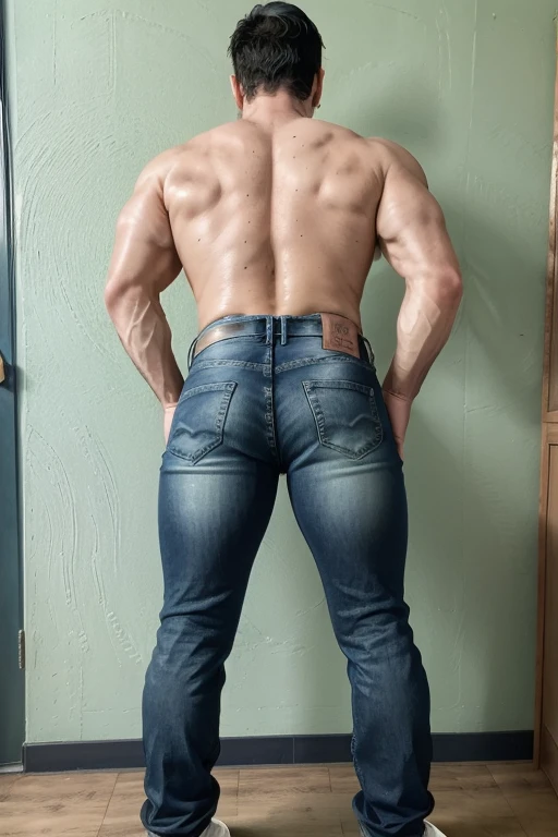 realistic photo of Very muscular, masculine mature man, 35 years old, full body, backside, bent over, blue jeans
