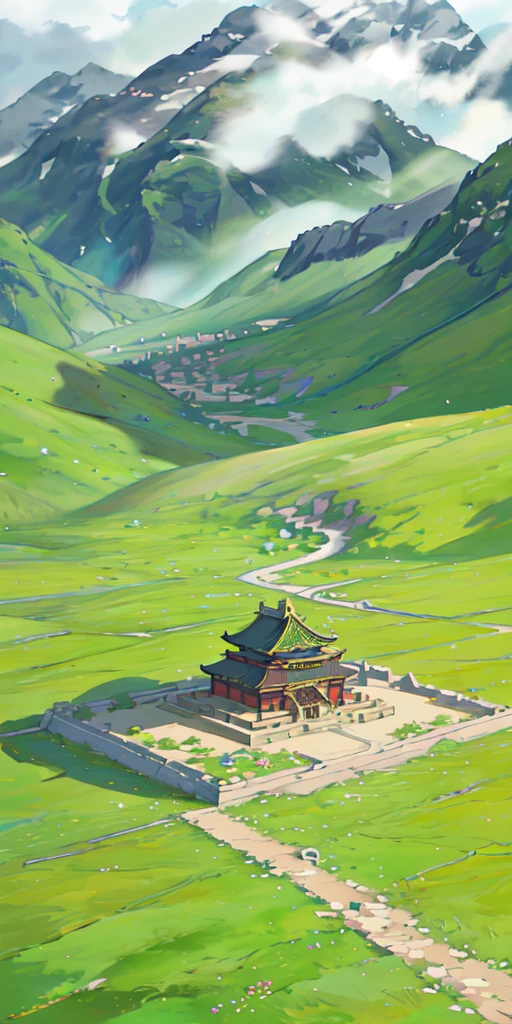 Big ancient Chinese temple on grassland near lake