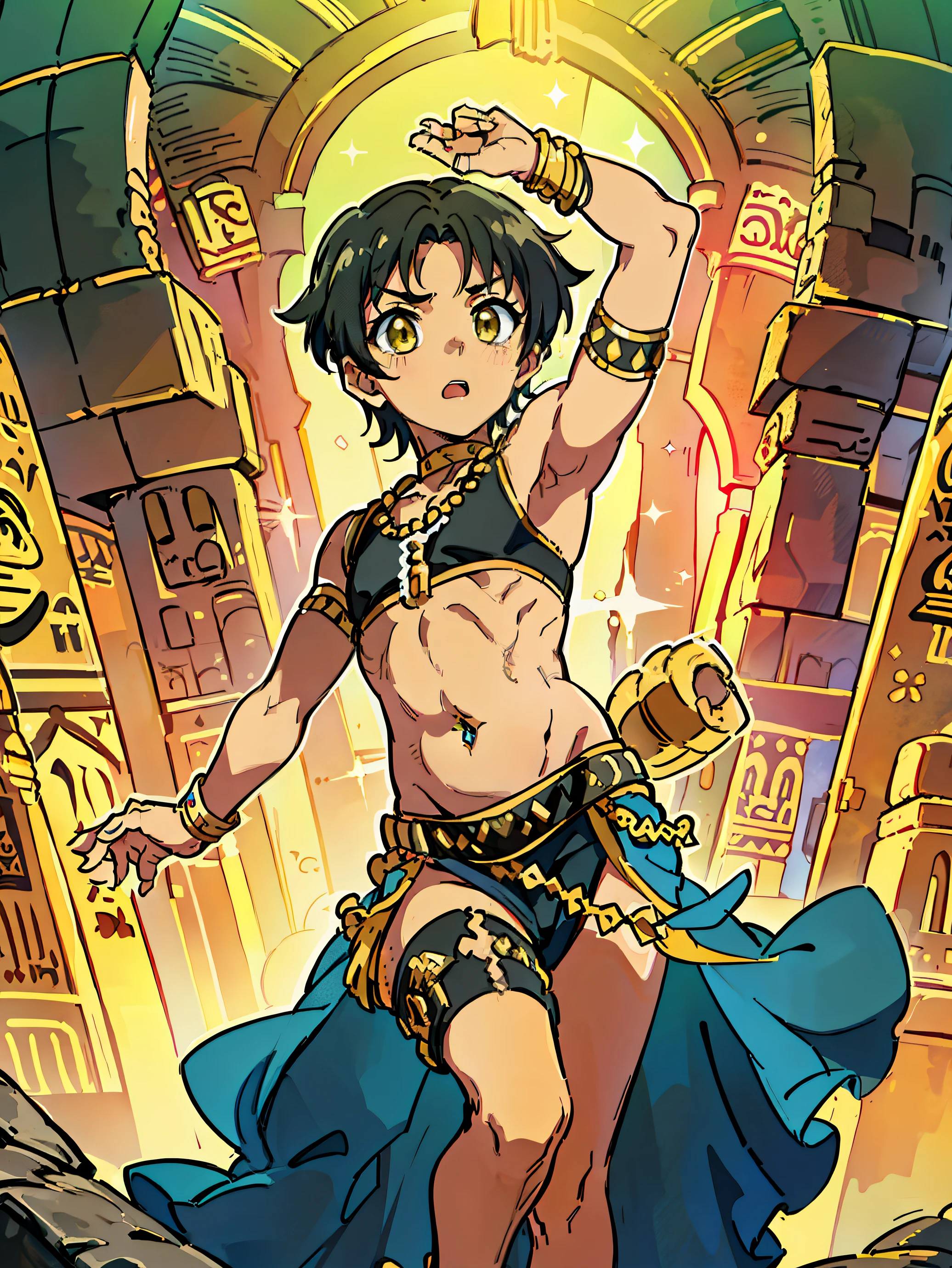 Highres, Masterpiece, Best quality at best,Best Quality,hight quality, hight detailed, Anime style, (**********s), (Showing armpit), view from front, black choker, Egyptian belly dancer, midriff, Sexy belly dancer, Yellow belly dancer, Navel piercing, (very young boy), (very small and short body)