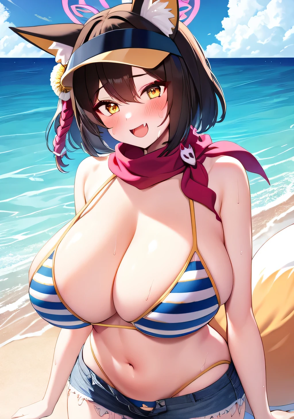 izuna, 1girl, solo, huge breasts, gigantic breasts, looking at viewer, blush, smile, short hair, open mouth, bangs, brown hair, hair ornament, navel, animal ears, tail, swimsuit, yellow eyes, bikini, outdoors, sky, shorts, day, fang, striped, scarf, animal ear fluff, fox ears, short shorts, fox tail, ocean, halo, beach, denim, fox girl, denim shorts, striped bikini, visor cap, bikini under clothes, wet, sweat, perfect hands,