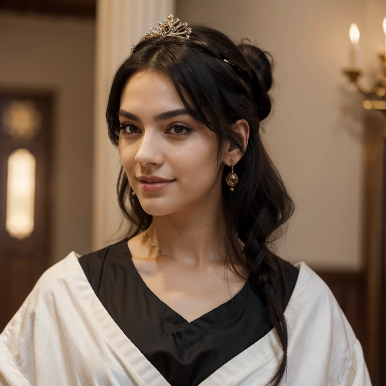 A young woman with a fierce face, dark eyes, dark eyebrows, and a prominent nose. His lips parted in a smile, showing white fangs at the corners of his mouth. Black hair in a messy bun The head is covered with a crown. Slim, sexy figure, wearing auspicious robes, like leading female warriors in ancient Greek mythology.