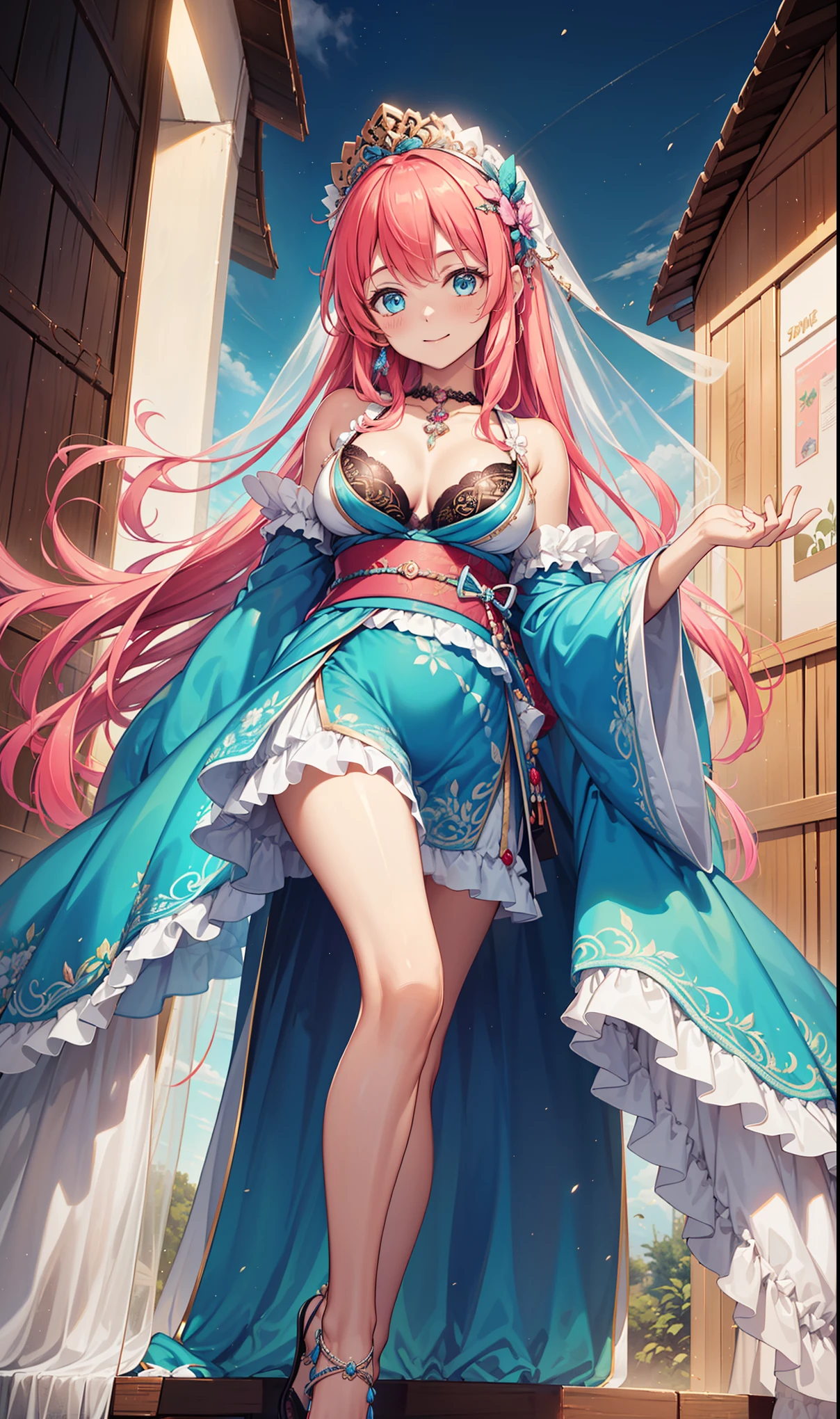 (best quality, High resolution, textured skin, high quality, high detail,Extremely detailed CG Unity), girl，obsessed，divine happiness，in love，(Swimwear and Kimono:1.2)，pink hair，blue eyes，(Fabric headwear minimalism，Multi-layered delicate ruffles，lots of lace，multicolor cloth，fine embroidery，Exquisite patterns，Fabric headwear，Beautifully dressed，see through transparent clothes，bedroom，night，(dazzle:1.2)，movie lighting，the only person，fluttering skirt，Raise your legs high