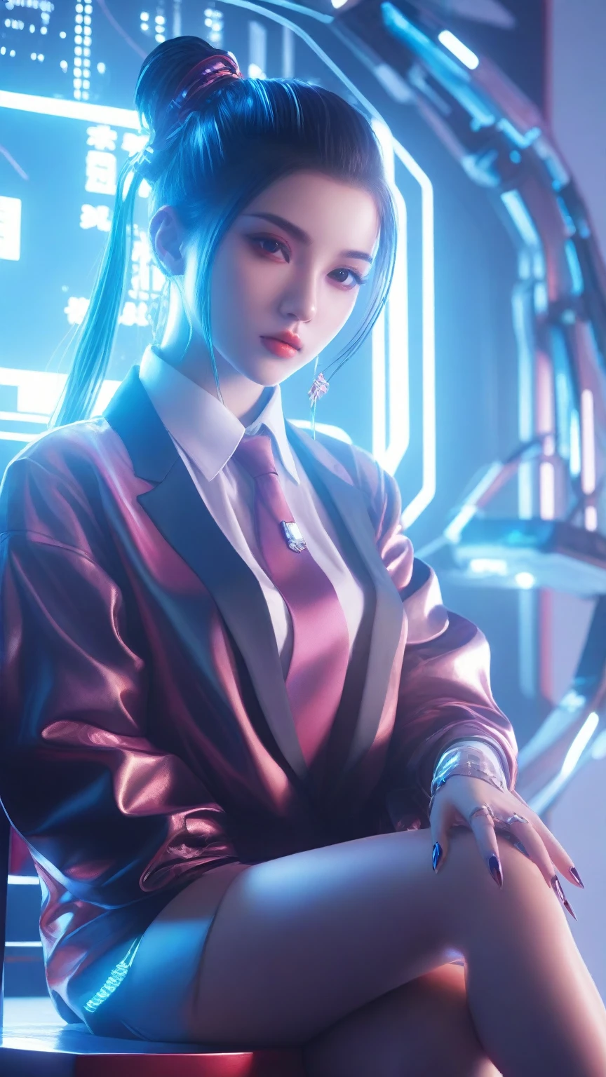 anime girl in a suit and tie sitting on a chair, digital cyberpunk anime art, cyberpunk anime girl, cyberpunk 2 0 y. o model girl, the cyberpunk girl portrait, female cyberpunk anime girl, cyberpunk anime art, digital cyberpunk - anime art, cyberpunk art style, in cyberpunk style, cyberpunk beautiful girl, cyberpunk digital art, anime cyberpunk art, cyberpunk girl