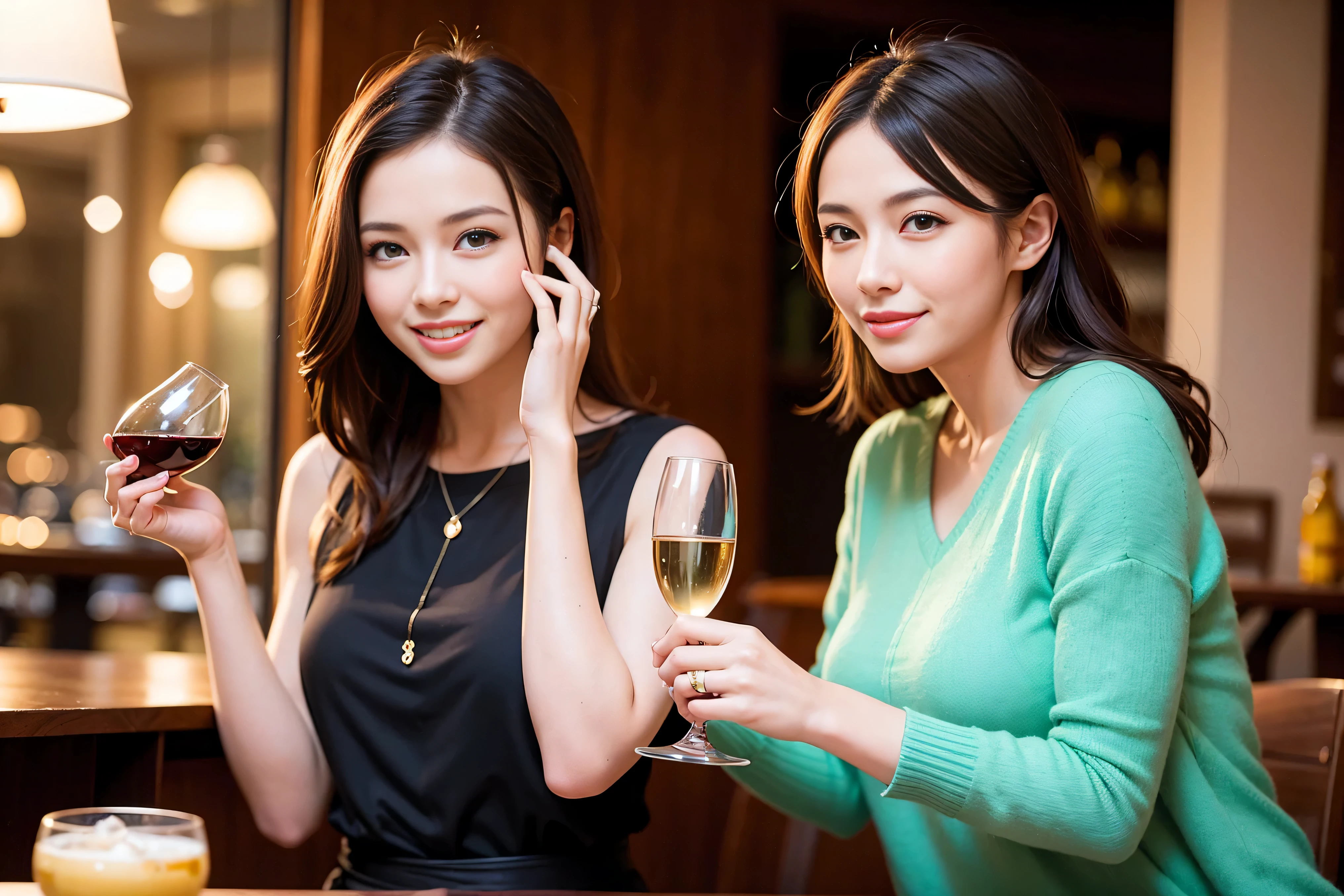 (K UHD, nffsw, top quality, table top: 1.2), (realistic, realistic: 1.37), Spectacular view of the sunset sky and clouds、Amazing mountain views、A bright smile、A lovely woman with a smile、The woman's face is bright、fox face、lady、Wine Party、hors d'oeuvre、2 beauties、brown hair、shortcut、long sleeve shirt、winter fashion、dress、Japanese、Englishman、Dutch、German、Belgian、Italian、French,wine bottle、hors d'oeuvre、Champagne、sparkling wine、Pretty Woman 1, (slim face), (Because I'm slender), (brown hair), (shortcut), cheeks turn a little red, (40 years old), 38 years old, attractive beauty、, A beautiful and detailed night view spreads out outside the window.........., restaurant, sitting in a wine glass, At night, in a prominent place (from the waist up) nova frog style, actress, model, Upper body, White wine, slim, wine glass, very beautiful night view, wine glass placed in the middle, Smile, (smile: 1.15), beautiful small eyes,