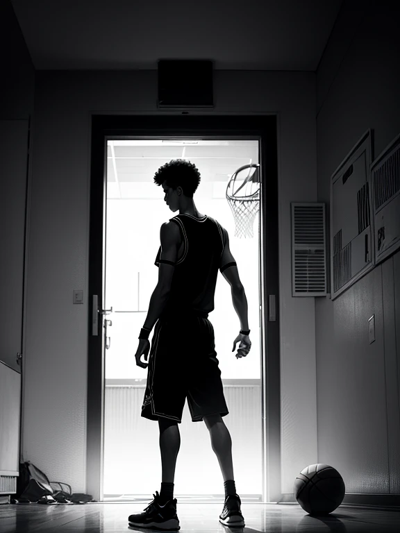 Make an illustration about novel cover
Title: HOOPS FIASCO
Description:
In the dim glow of a black and white basketball court, a lone figure stands full body a young man looking back, embracing a basketball. while the abandoned basketball symbolizes the shattered dreams left in the wake of tragedy. As suspicion mounts and secrets unravel, "HOOPS FIASCO" unveils a gripping tale of betrayal and deception, where nothing is as it seems and the line between innocence and guilt blurs. The background is basketball court
Black and white