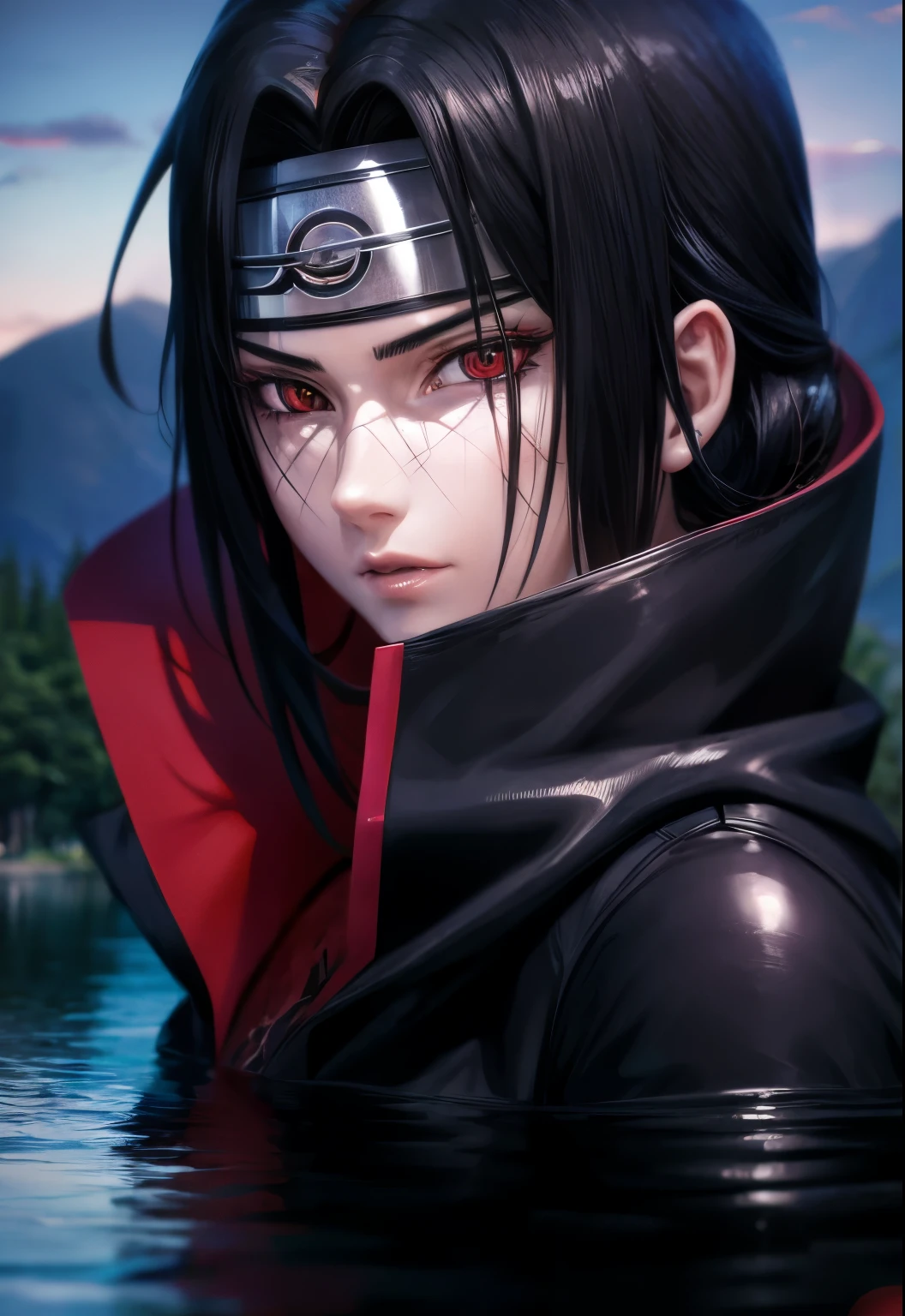 Uciha Itachi, (in a lake), masterpiece, best quality, ultra quality, absurd details, best light, best shadow, sharp, sharp picture, detailed face, detailed eyes, detailed hair, detailed, extremely detailed, great resolution, 8k, 4k, uhd, ray tracing, beautiful effects, image of (full body)