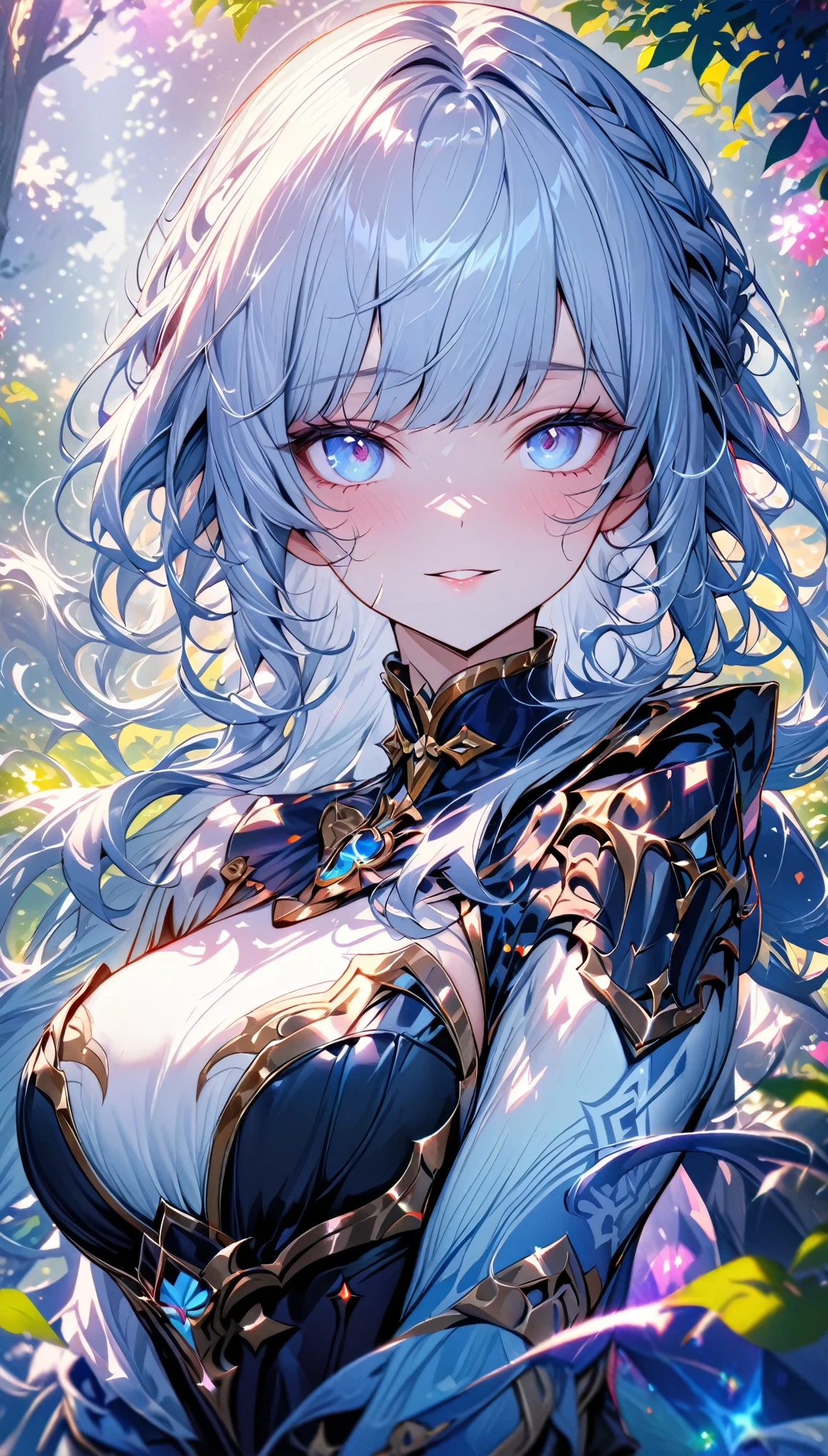 (masterpiece), best quality, expressive eyes, perfect face,1girl,neuvillette,genshin impact,courtroom,water bubbles in the air,giant water bubbles,shy smile,blush,cowboy shot,glowing eyes,big breasts,cleavage,long hair,sapphire gems,bare shoulders,(magical girl:1.4),frilled dress,(showgirl skirt:1.2),studio lighting,(sparkle:0.9),(glitter:0.9)