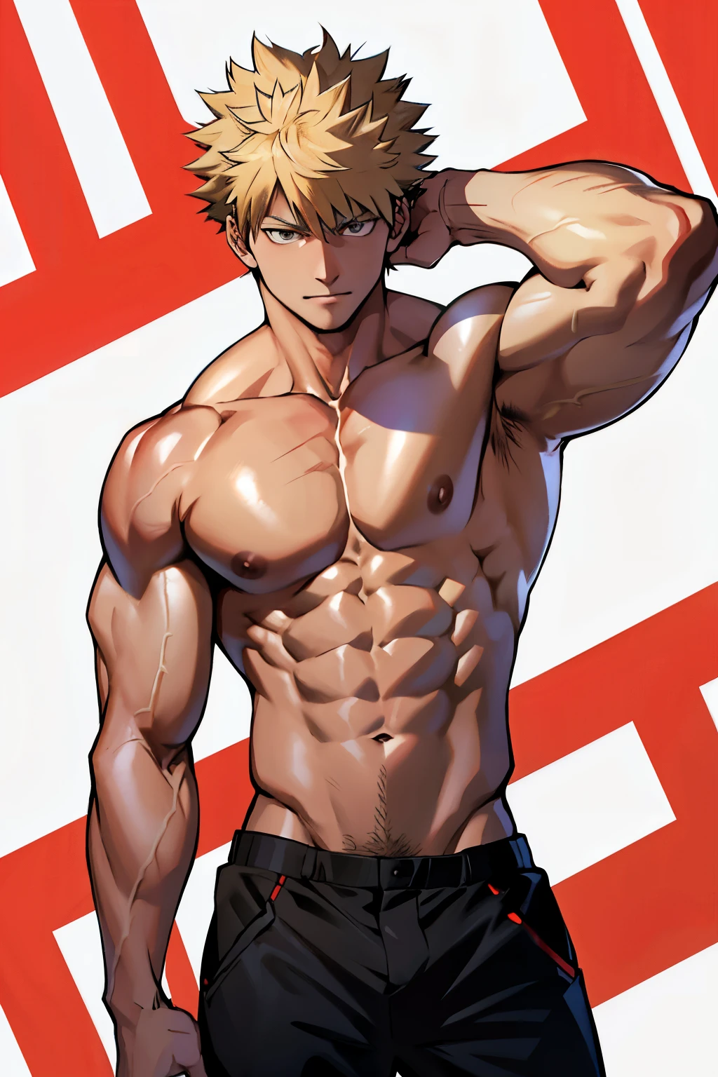 Katsuki Bakugo from Boku No Hero Academia, wearing black pants, bodybuilder, with oiled skin, posing, defined body, shirtless, abs