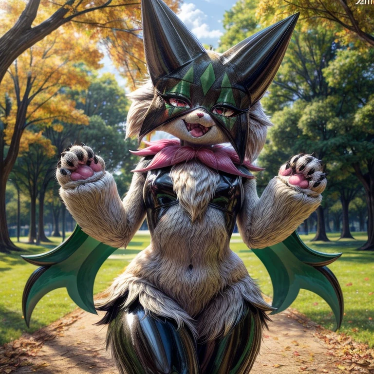 (ultra detailed), a beautiful and detailed full body photo of a very realistic kawaii Meowscarada fursuit. The Meowscarada fursuit is made of glossy latex that gives it a shiny appearance, perfectly complementing the adorable smile on its face. The photo is taken outdoors by a park, where the cute Meowscarada strikes a pose that captures its playful and joyful nature. The fursuit has large limbs, which are intricately crafted with an incredible attention to detail.