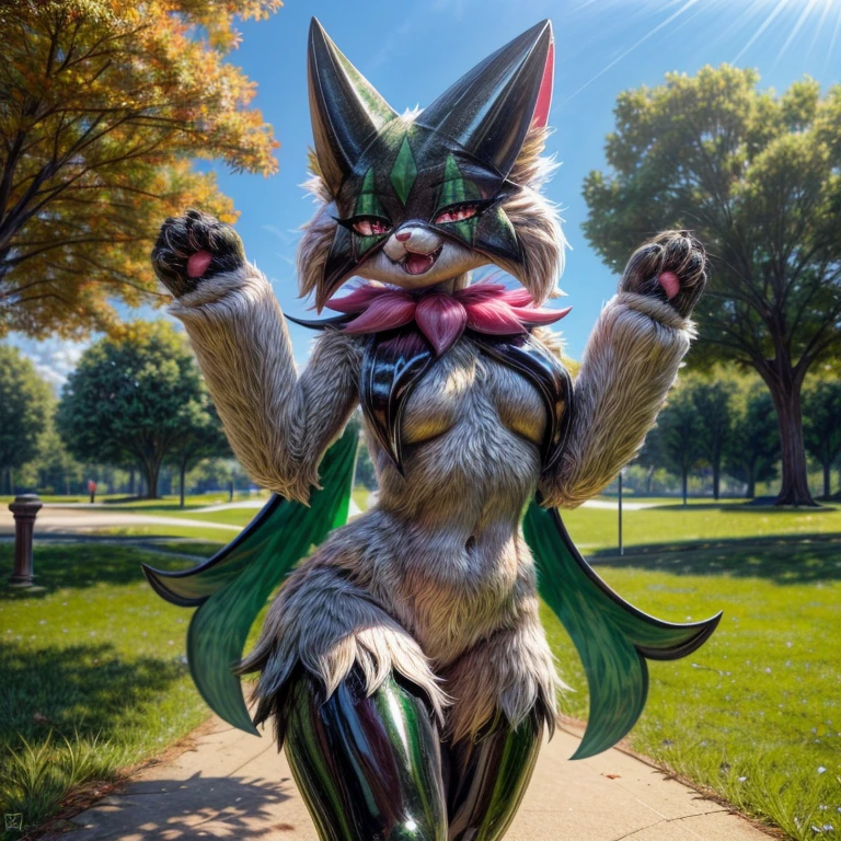 (ultra detailed), a beautiful and detailed full body photo of a very realistic kawaii Meowscarada fursuit. The Meowscarada fursuit is made of glossy latex that gives it a shiny appearance, perfectly complementing the adorable smile on its face. The photo is taken outdoors by a park, where the cute Meowscarada strikes a pose that captures its playful and joyful nature. The fursuit has large limbs, which are intricately crafted with an incredible attention to detail.