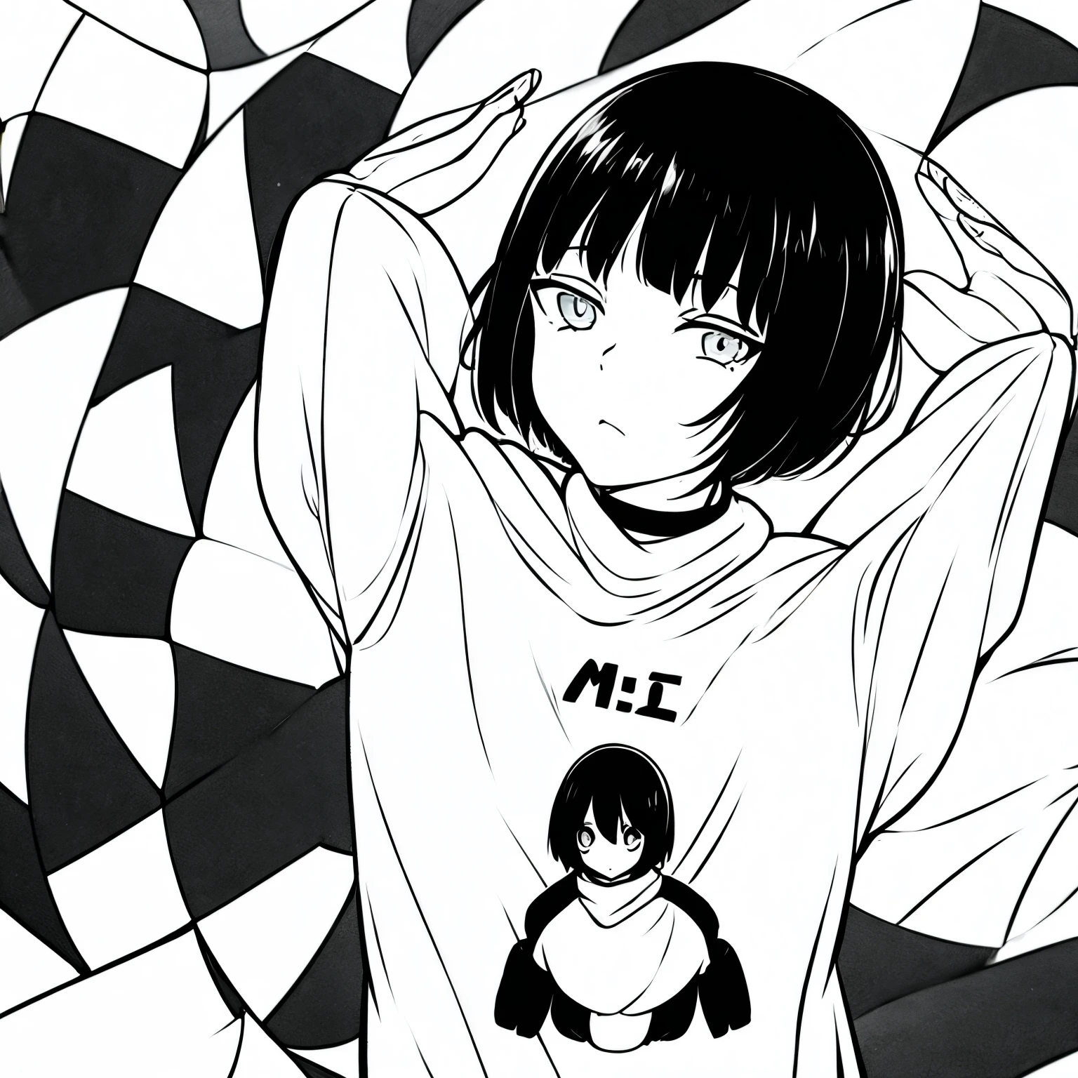 Give me a 1:1 (head only) anime girl with short black hair with bangs, grey eyes, wearing black sweather, HD. 