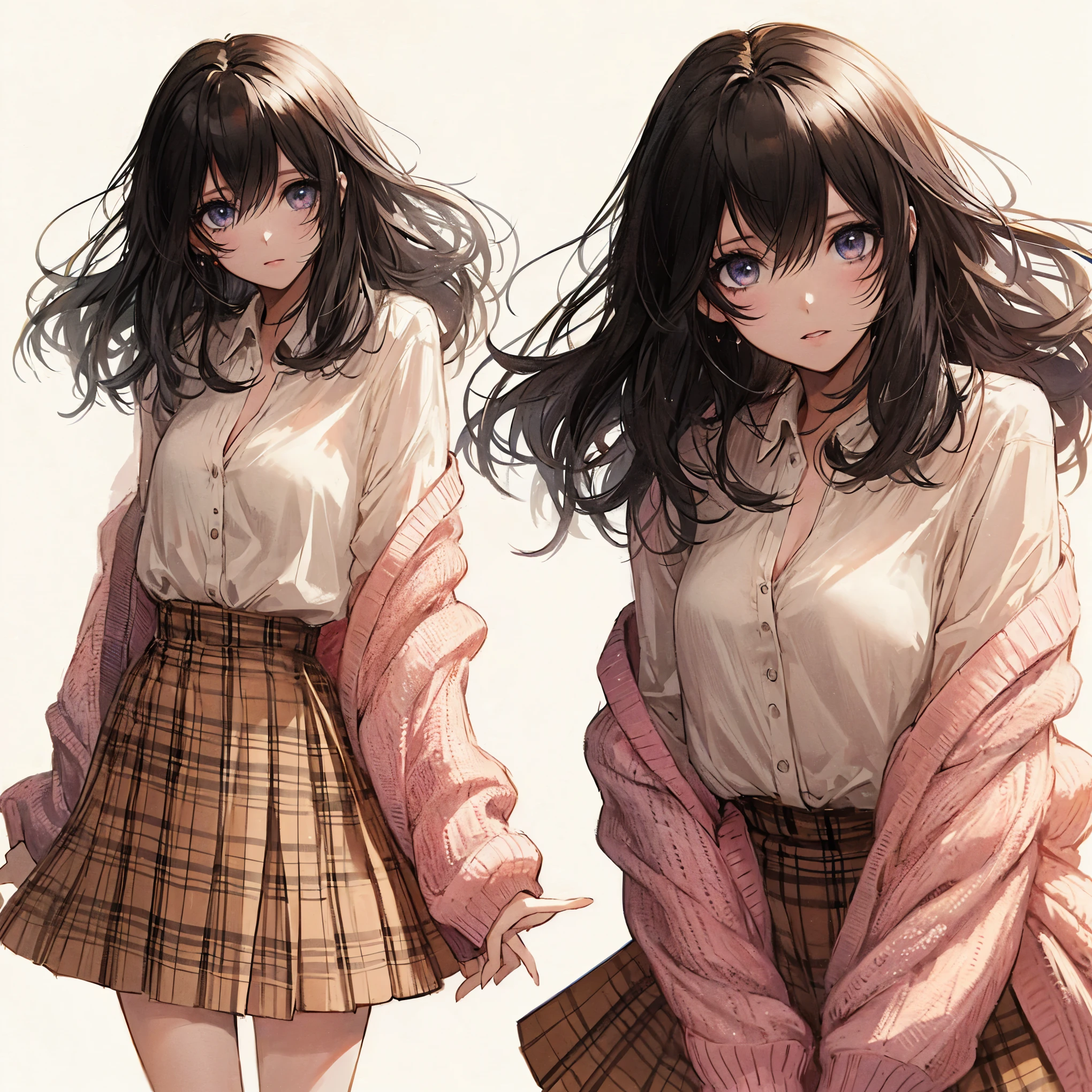anime girl in a pink cardigan and plaid skirt, cute anime girl, Cute girl anime visual, beautiful anime high school girl, anime girl, attractive anime girl, (anime girl), young anime girl, Smooth anime CG art, beautiful anime girl, realistic anime art style, anime moe art style, realistic young anime girl, pretty anime girl, an anime girl, Beautiful eyes drawn in detail, beautiful cleavage