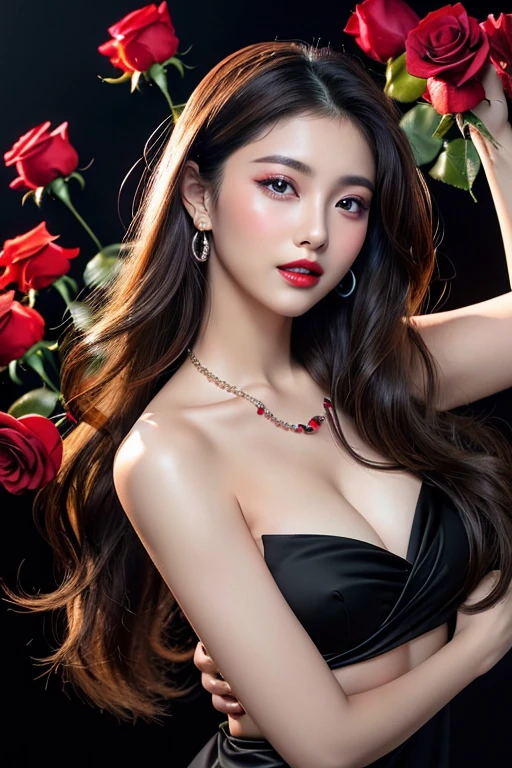 (highest quality、8K、best image quality、Award-winning work)、(one young girl, :1.3)、(red eyeshadow:1.2)、perfect makeup、long eyelashes、Super high-definition sparkling eyes、ultra high definition hair、ultra high resolution glossy lips、Super high resolution perfect teeth、Super high resolution cute face、brown hair、(very long straight hair:1.1)、look at me and smile、[clavicle]、accurate anatomy、(black background:1.5)、(((professional lighting:1.5)))、Super high-resolution glossy and moisturized face、Super high resolution glowing skin、most detailed face、Ultra high resolution detailed faces、ultra high resolution hair、Super high resolution sparkling eyes、Beautiful face drawn in every detail、Super high resolution glossy red lips、(((1 holding a red rose.5)))、(((full nude 1.5)))、(((Chest photo 1.4)))、hair blowing in the wind、elegant dress、Fashionable necklace 1,1