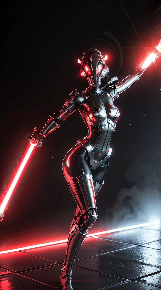 mechanical girl,　Shiny metallic skin,　Mechanical and metal body parts,Metallic cyber helmet with mechanical ears,Very large breasts，red glowing eyes, 　A devilish red and black metal body，[methodical, surgical precision],　Cyberpunk style background,science fiction art style,bright colors,High resolution,Super detailed,realistic lighting effects,Bokeh，Hold a red-bladed lightsaber,　In combat,　best shot