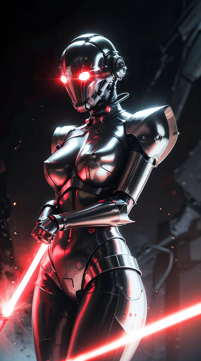 Topic Prompts "atomic heart, mechanical girl" as follows: atomic heart,mechanical girl,(((Wear metal that completely covers your face))),shiny metallic skin,Machine and red metal body parts,Red metal helmet, Antennas coming out of both ears，The heart glows faintly，red glowing eyes, [methodical, surgical precision],Cyberpunk style background,science fiction art style,bright colors,High resolution,Super detailed,realistic lighting effects,Bokeh.　Holding a red bladed lightsaber,In combat,